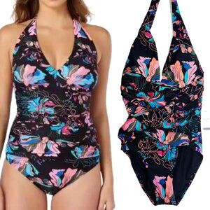 Halter Swimsuit One Piece size S Small NWT Black floral bathing suit Resortwear